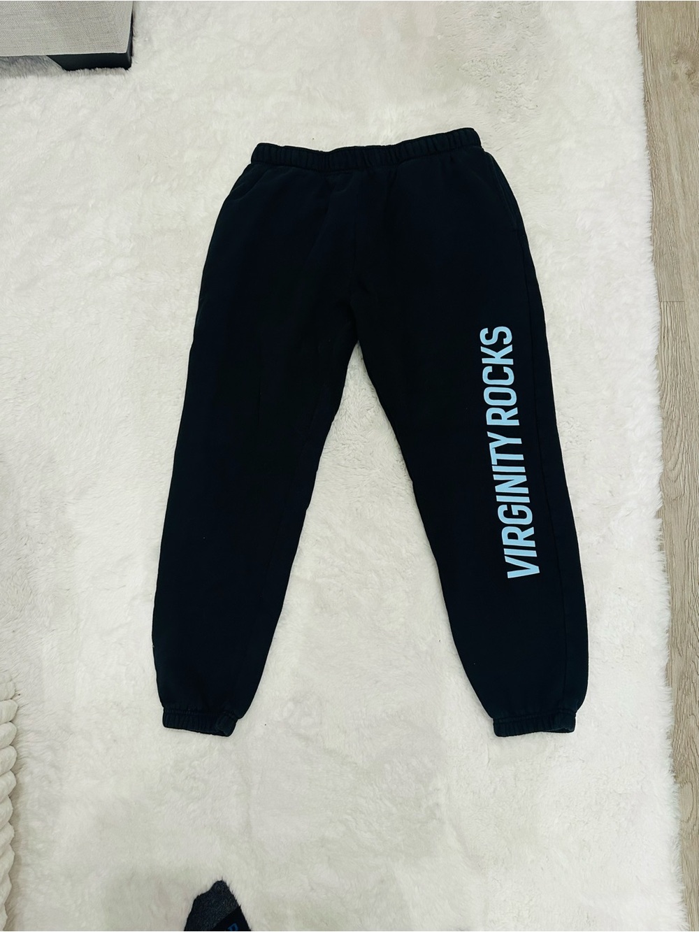Virginity Rocks Black Sweatpants with Light Blue Side Logo